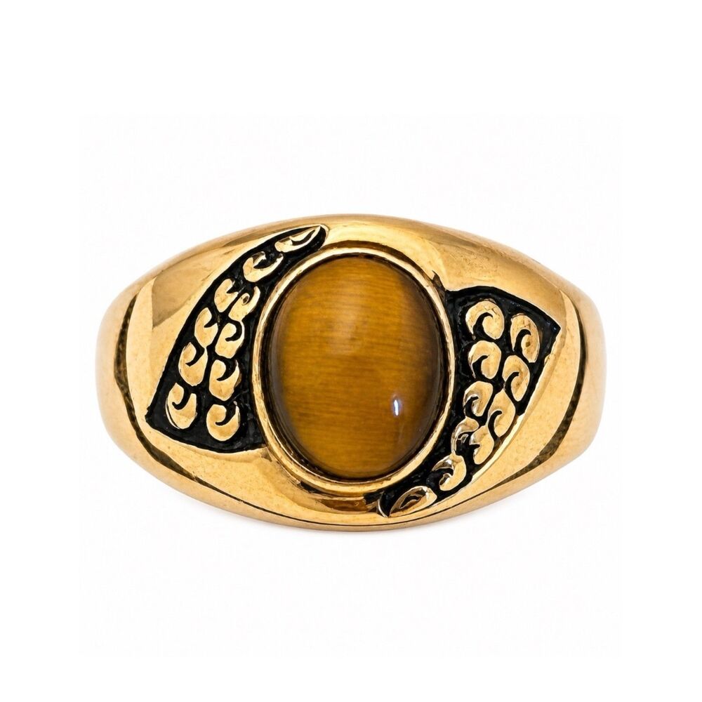 Vintage 1970s Ring Size 11 Uncas Tigers Eye Cabochon Textured Gold Plated - 14N